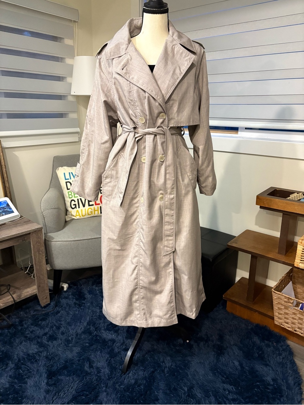 Vintage V.I.Petites Beige Double Breasted Maxi Trench Coat - Size M